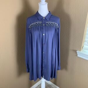 Anna Sui Boho Embroidered Yoke Blouse Blue Rayon Prairie Top Size Large